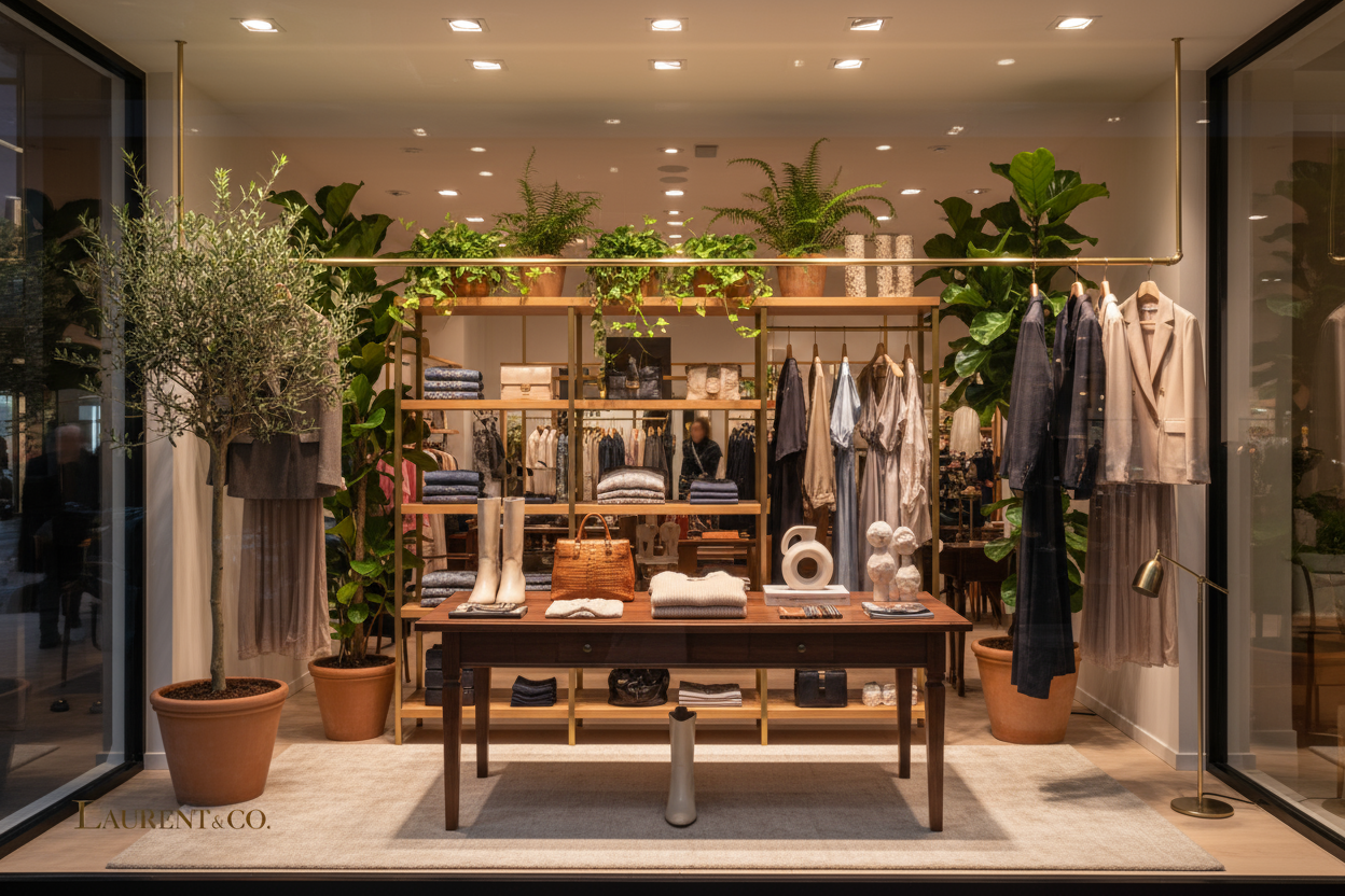 Deve essere un’immagine per una vetrina di un outllet di grandi firme che deve prendere il tema che ho selezionato ed avere arredamenti di legno e piante